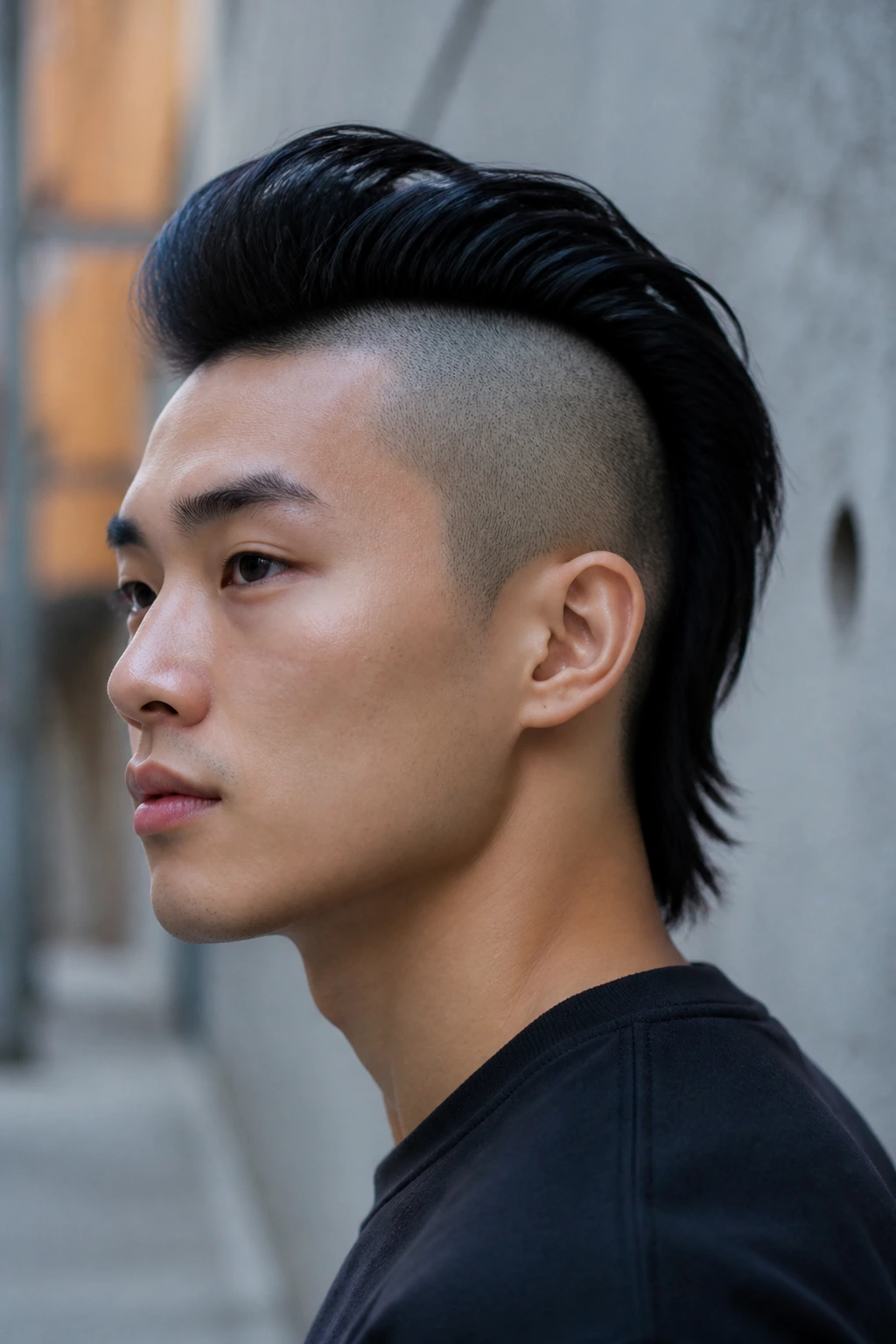 Close-up of real Asian person with flowing mohawk transition in urban setting