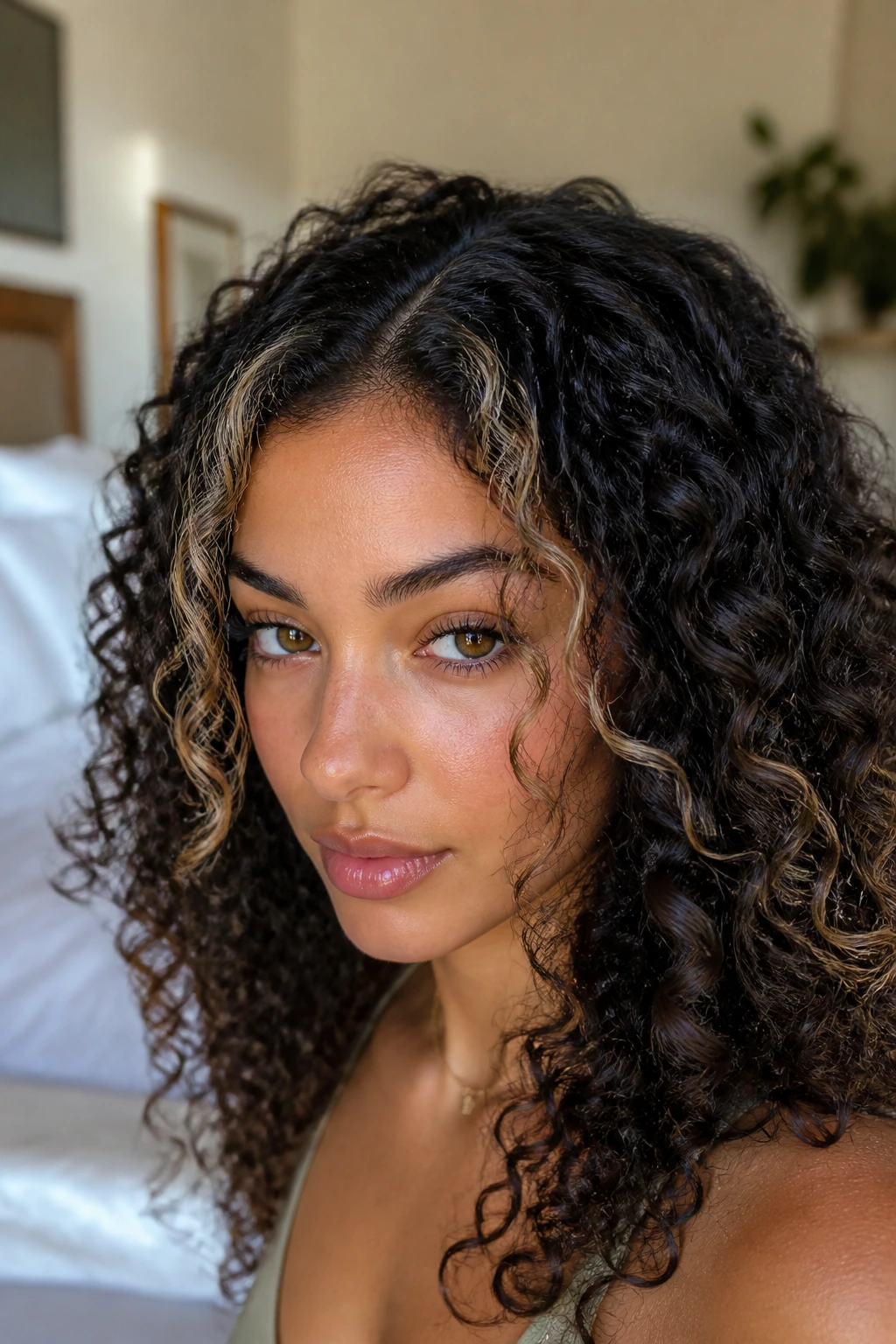 Close-up of a real woman with subtle money piece highlights around the hairline