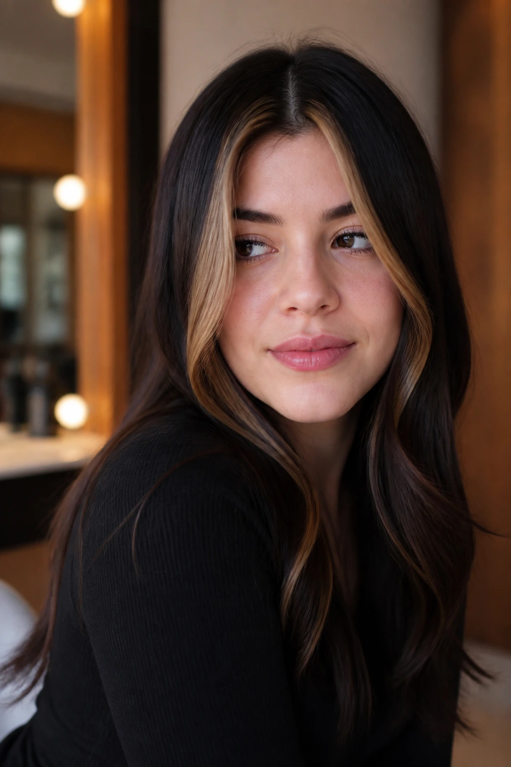 Close-up portrait of a real woman with deep espresso hair and honey money-piece highlights against pale skin.