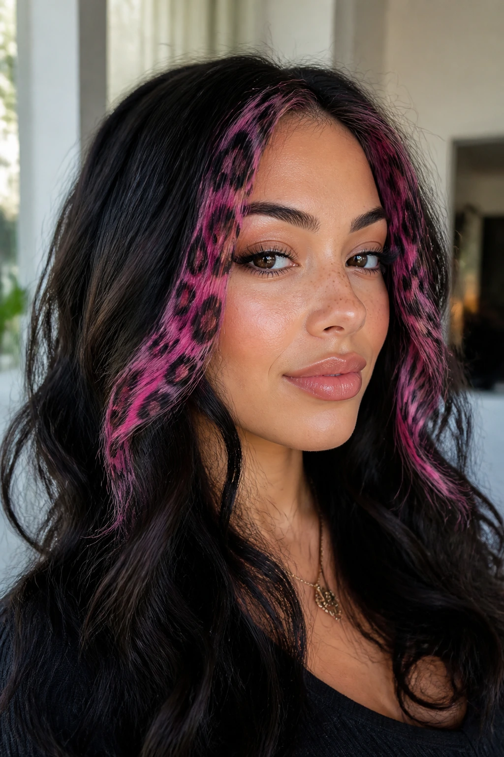 Close-up of a real woman with leopard money-piece accents framing the face.