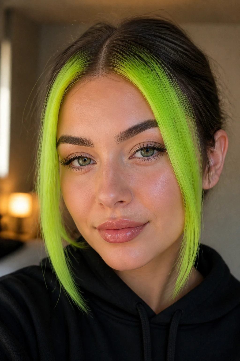 Real person with neon green money pieces framing the face