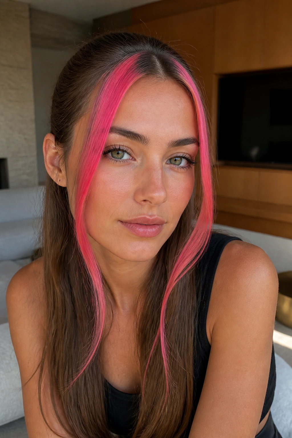 Portrait highlighting neon pink money pieces framing the face