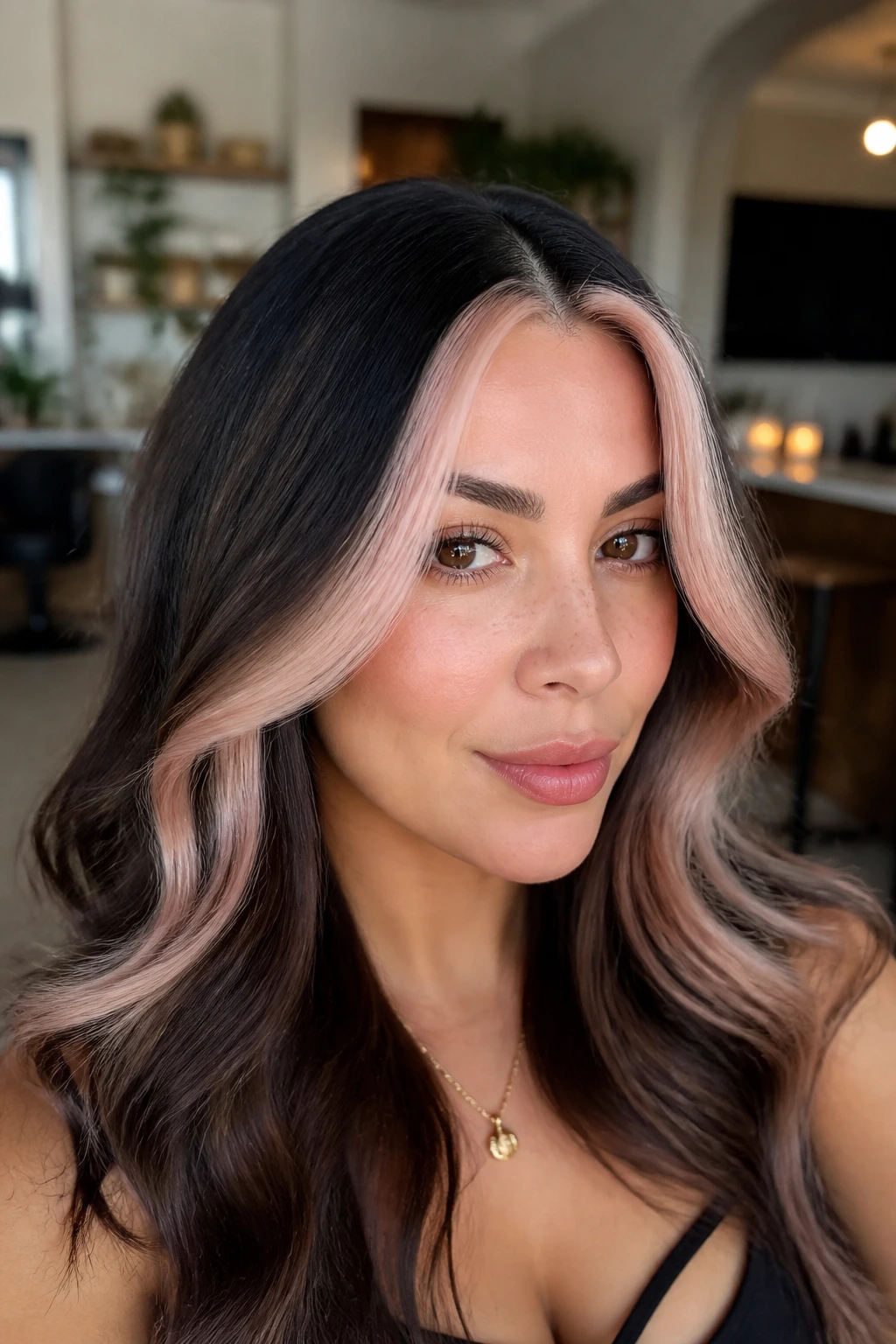 Close-up portrait showing two front money-piece strands in nude pink against dark hair