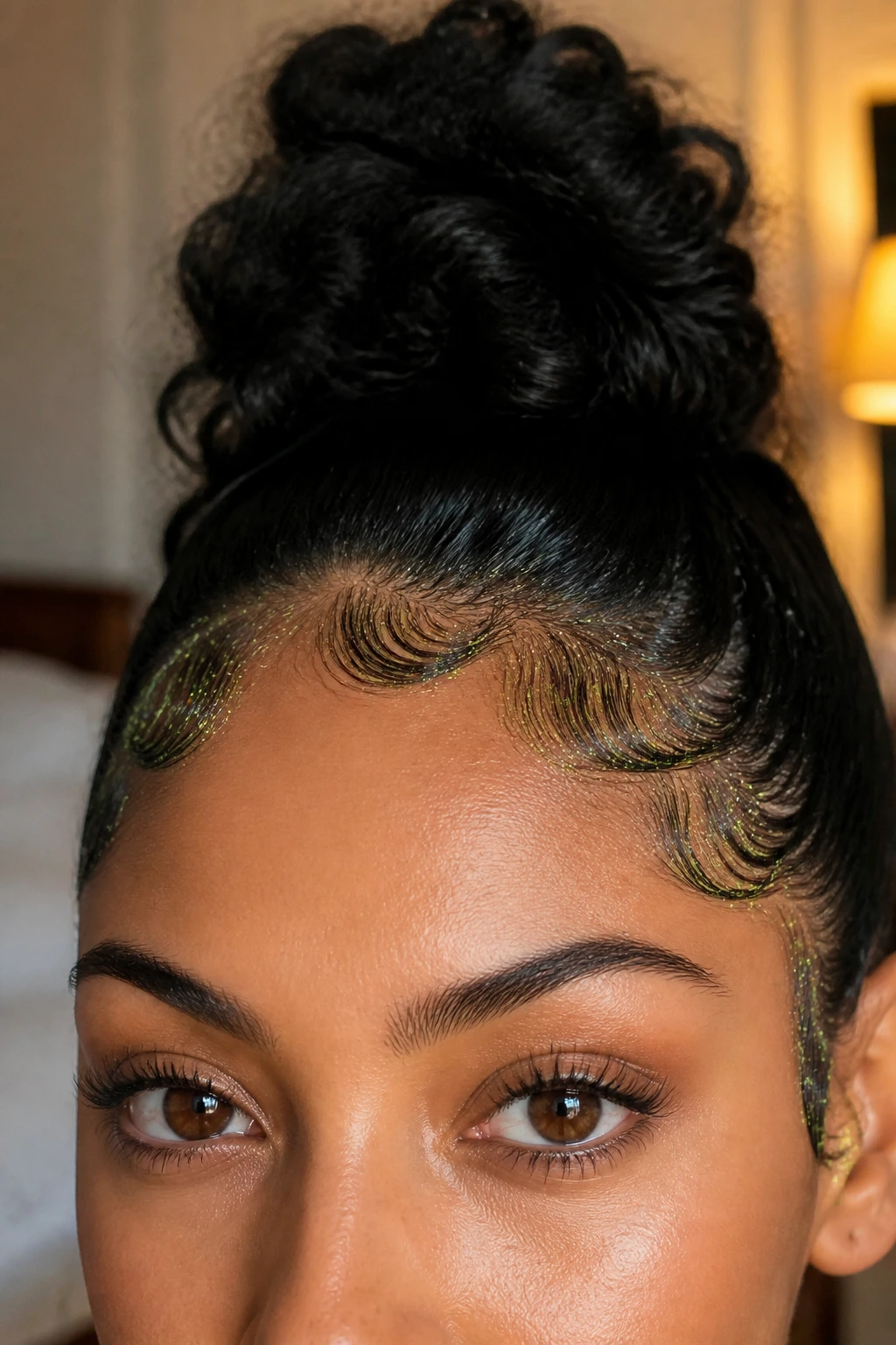 Close-up of a real woman’s hairline with moss-green glitter on baby hairs
