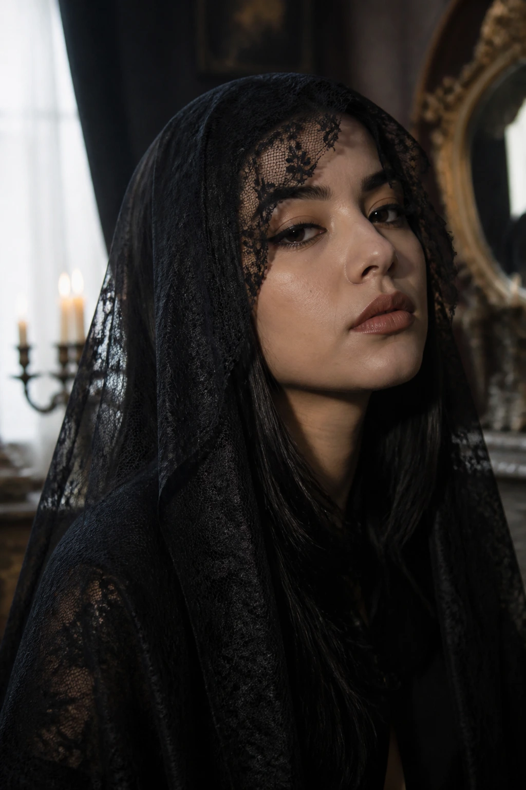 Close-up portrait of a real woman wearing a sheer black lace veil over straight hair