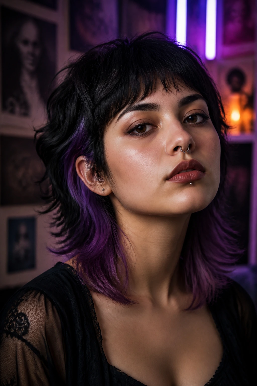 Latina woman with mullet and dyed tips in deep violet lighting