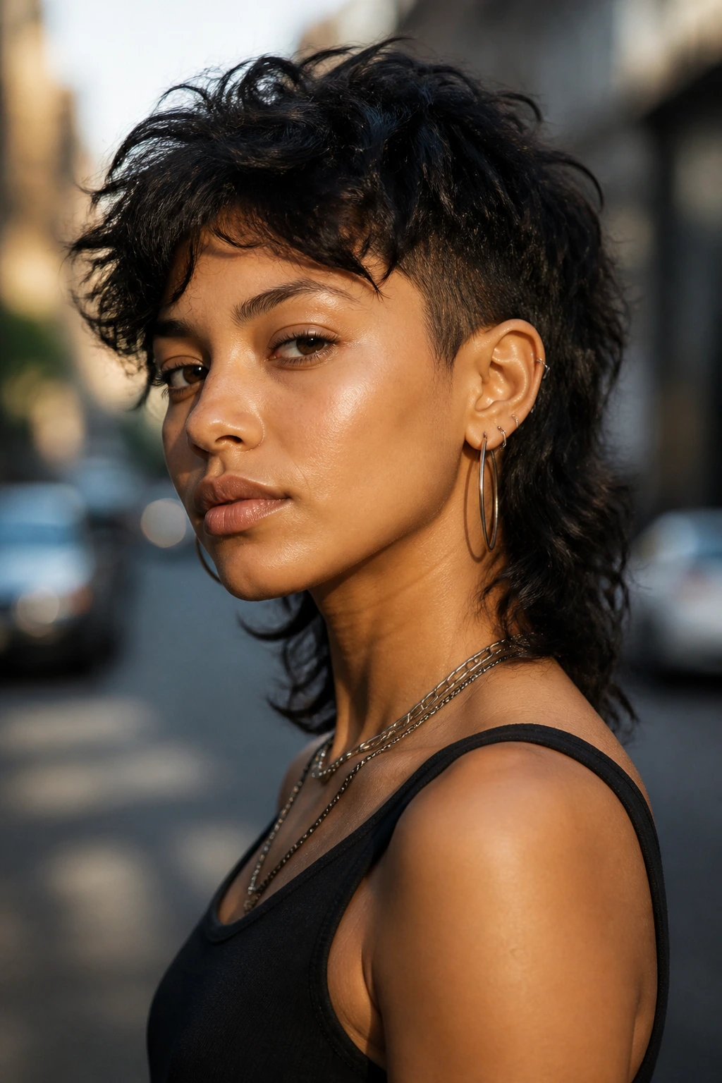 Three-quarter profile of a real person with a modern mullet-inspired haircut showing short sides and long back.
