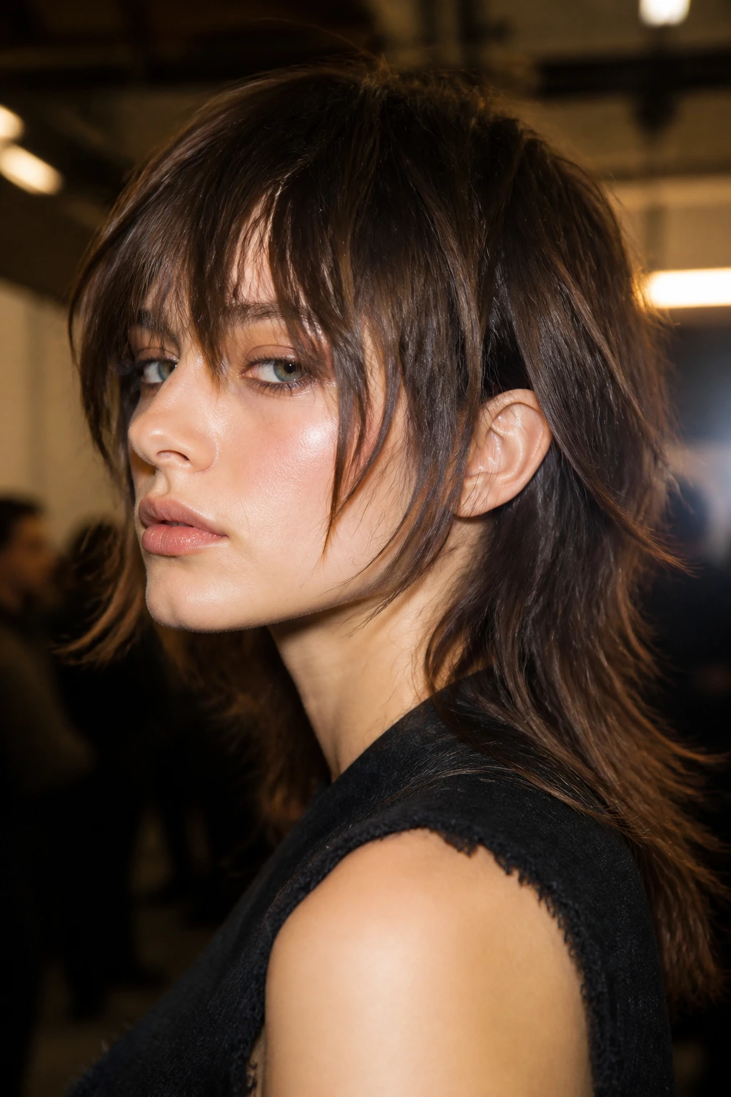 Close-up portrait of a real person with a mullet-lob hybrid showing short front and longer, shaggy back.