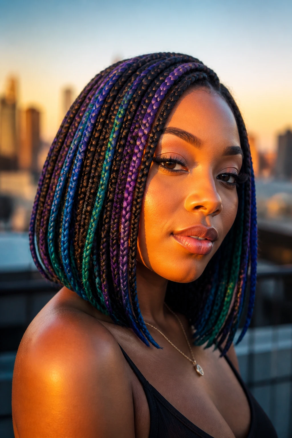 Close-up of a real woman with a multi-colored confetti look bob on a rooftop at golden hour.