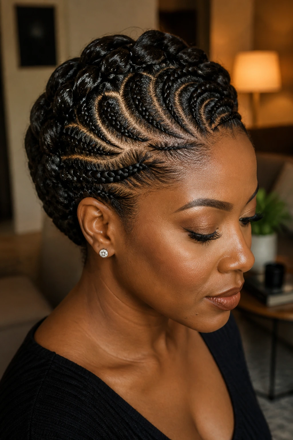 Close-up portrait of a real woman with a multi-directional braided crown