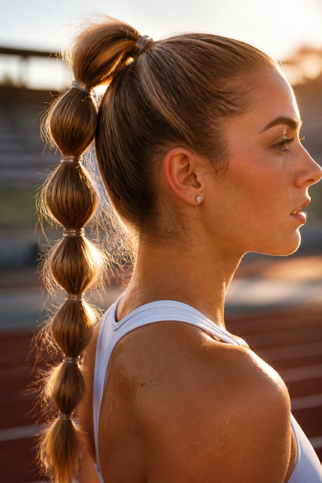 Profile view of a high ponytail with multiple elastics in workout