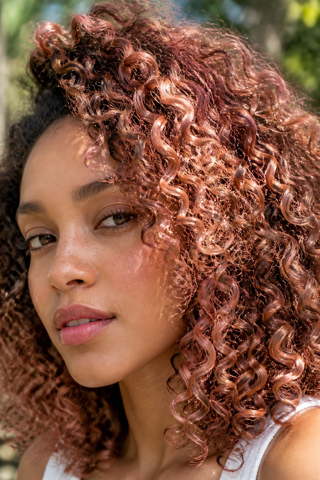 Close-up of natural curls with two-tone rose gold weaving