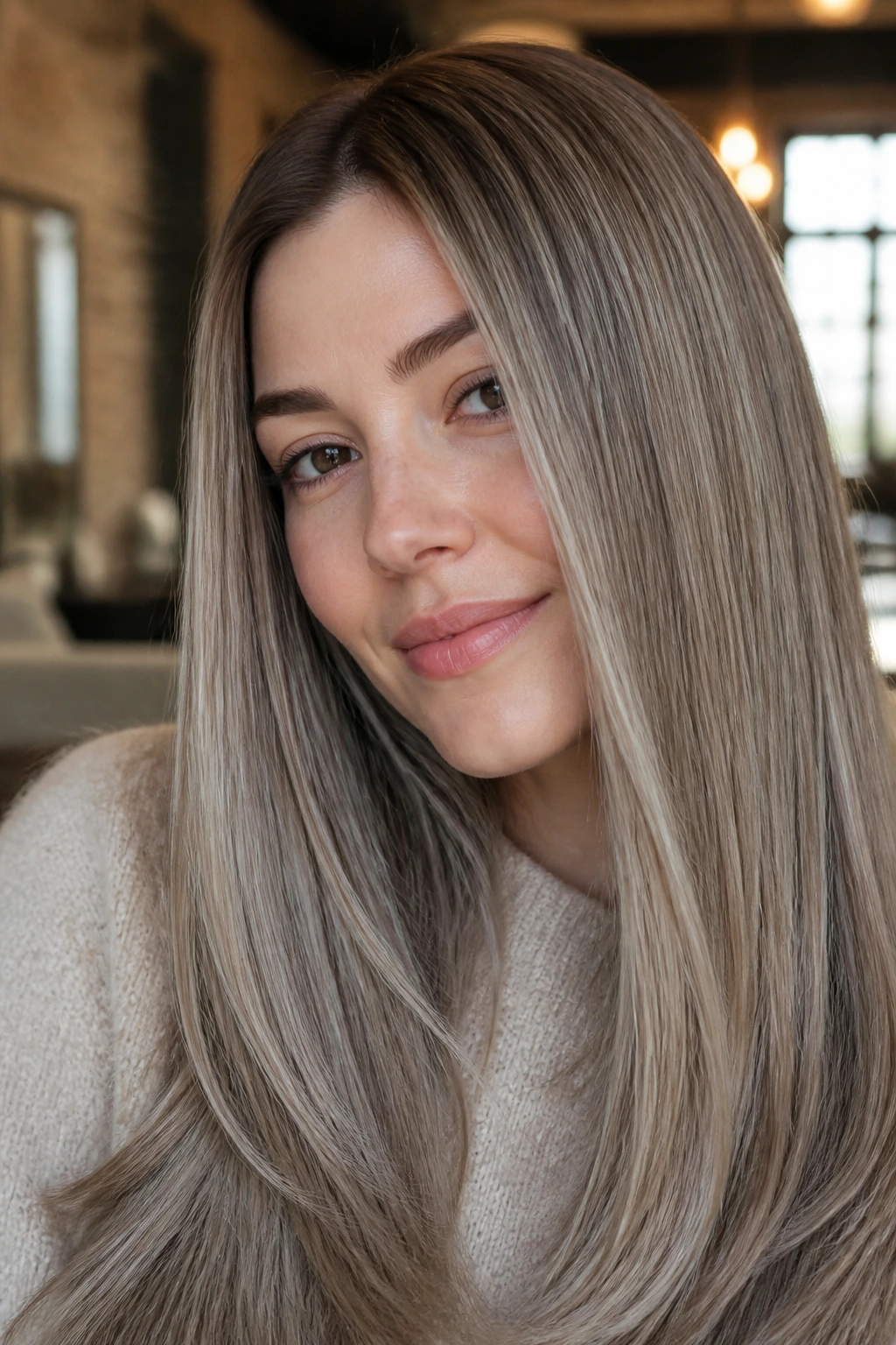 Close-up portrait of a real woman with mushroom beige lowlights in straight hair.