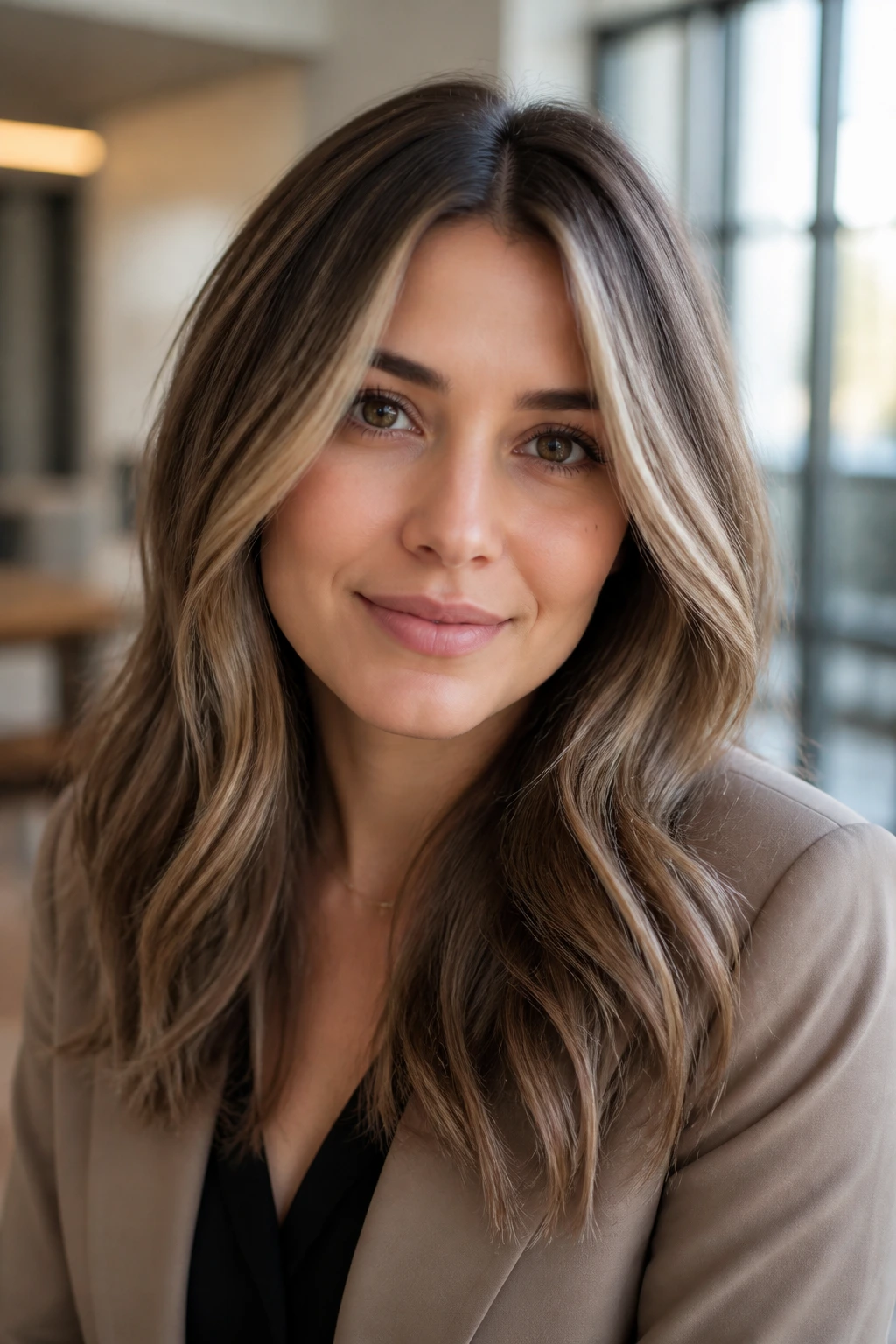 Close-up of mushroom brown hair with beige frosting on a real person in an office setting