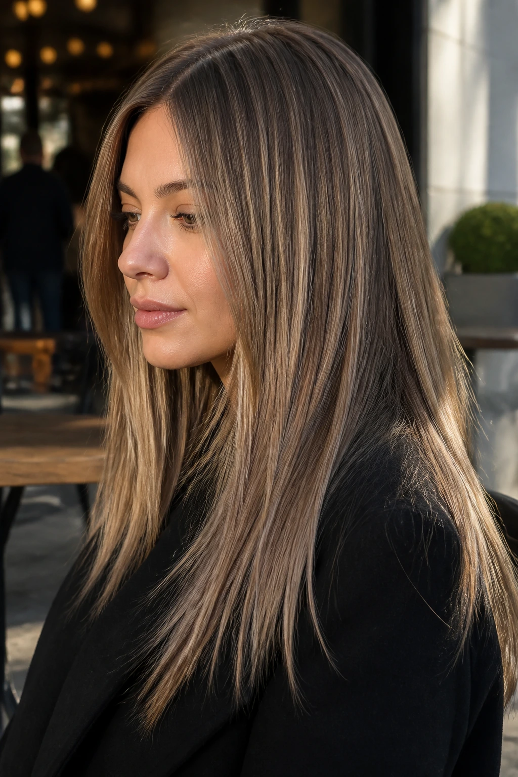 Portrait of a person with mushroom-brown beige hair and cool beige highlights.