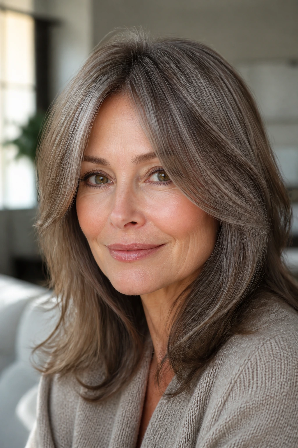 Close-up portrait of a real person with mushroom brown hair in natural window light.