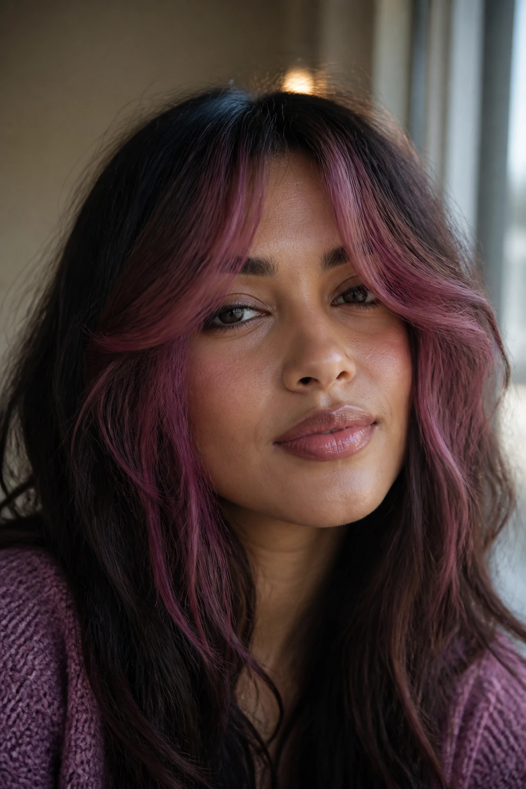 Close-up of muted berry curtain bangs on a real person