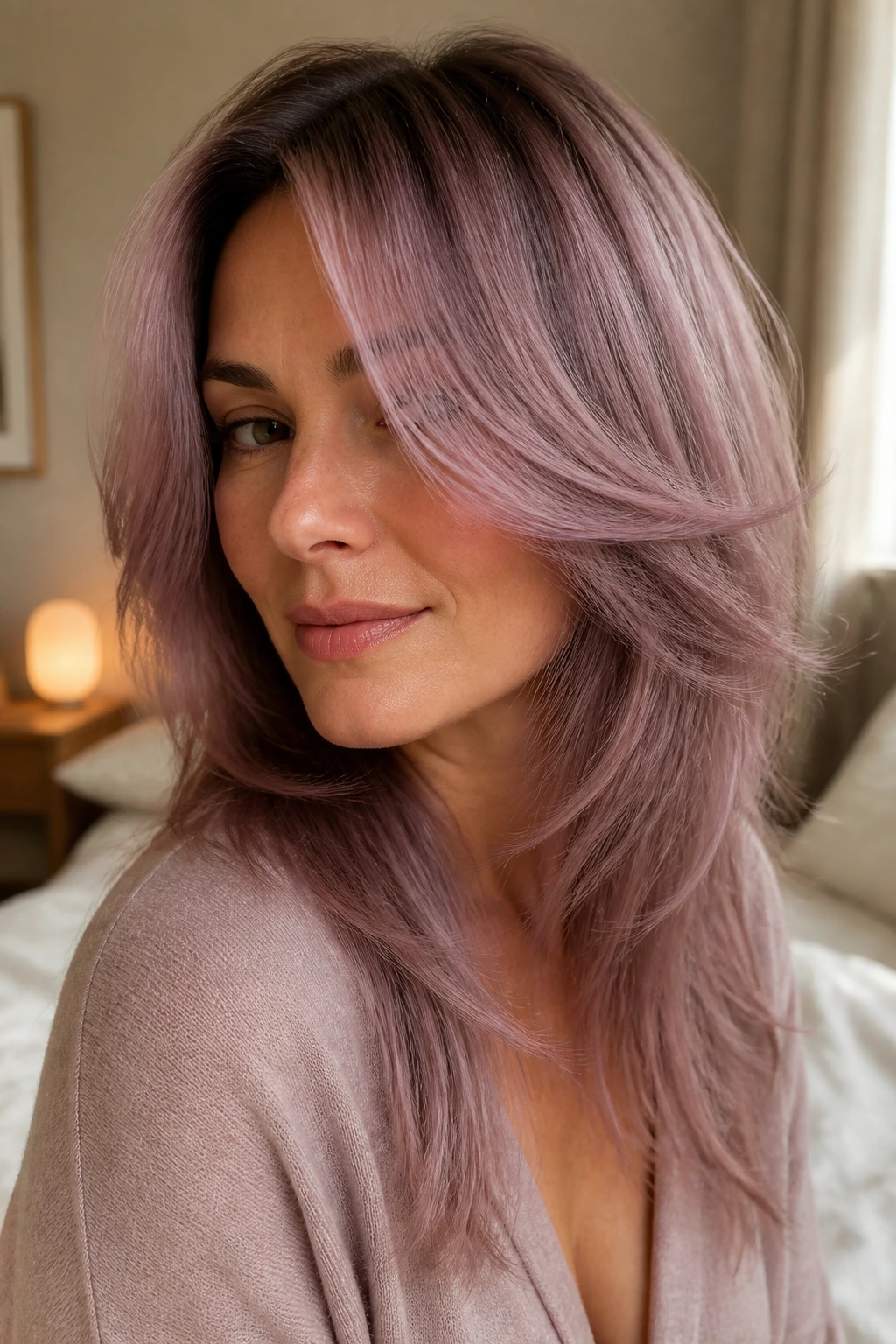 Close-up of a real woman with muted mauve layered hair