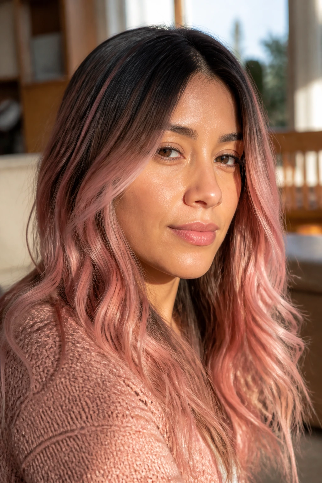 Close-up portrait of a real woman with dark roots and muted rose gold balayage in warm window light