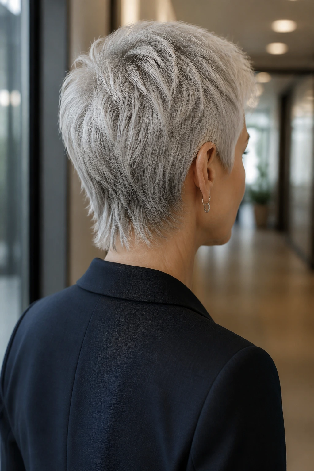 Back view of a real person with a textured nape cut in an office hallway.