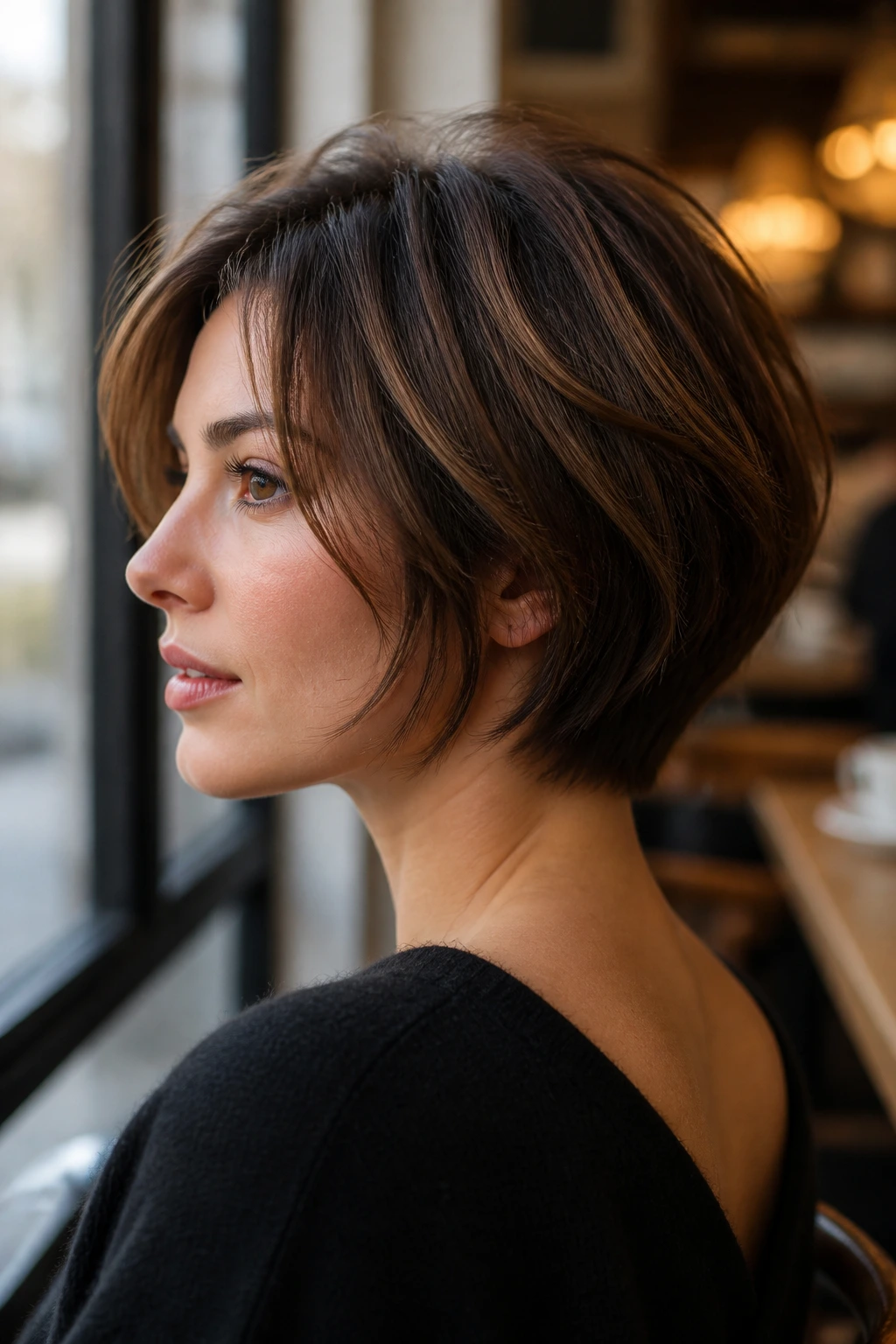 Close-up of a real woman with a nape-length layered bob