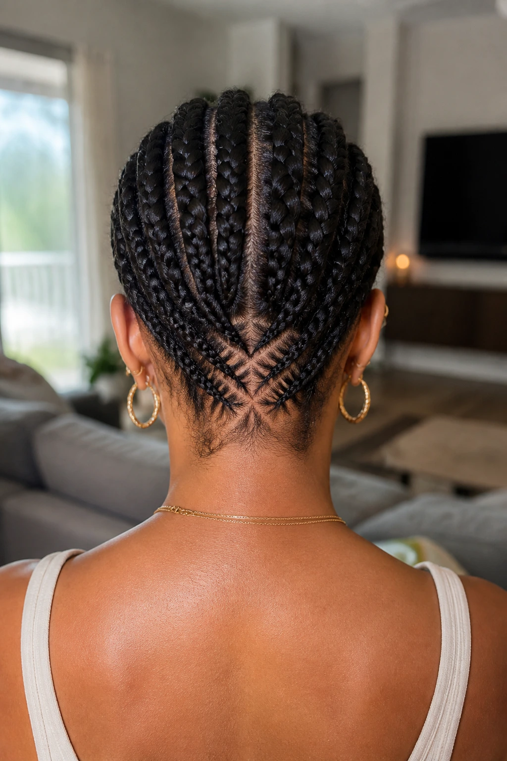 Rear view of a real person showing intricate nape cornrow patterns