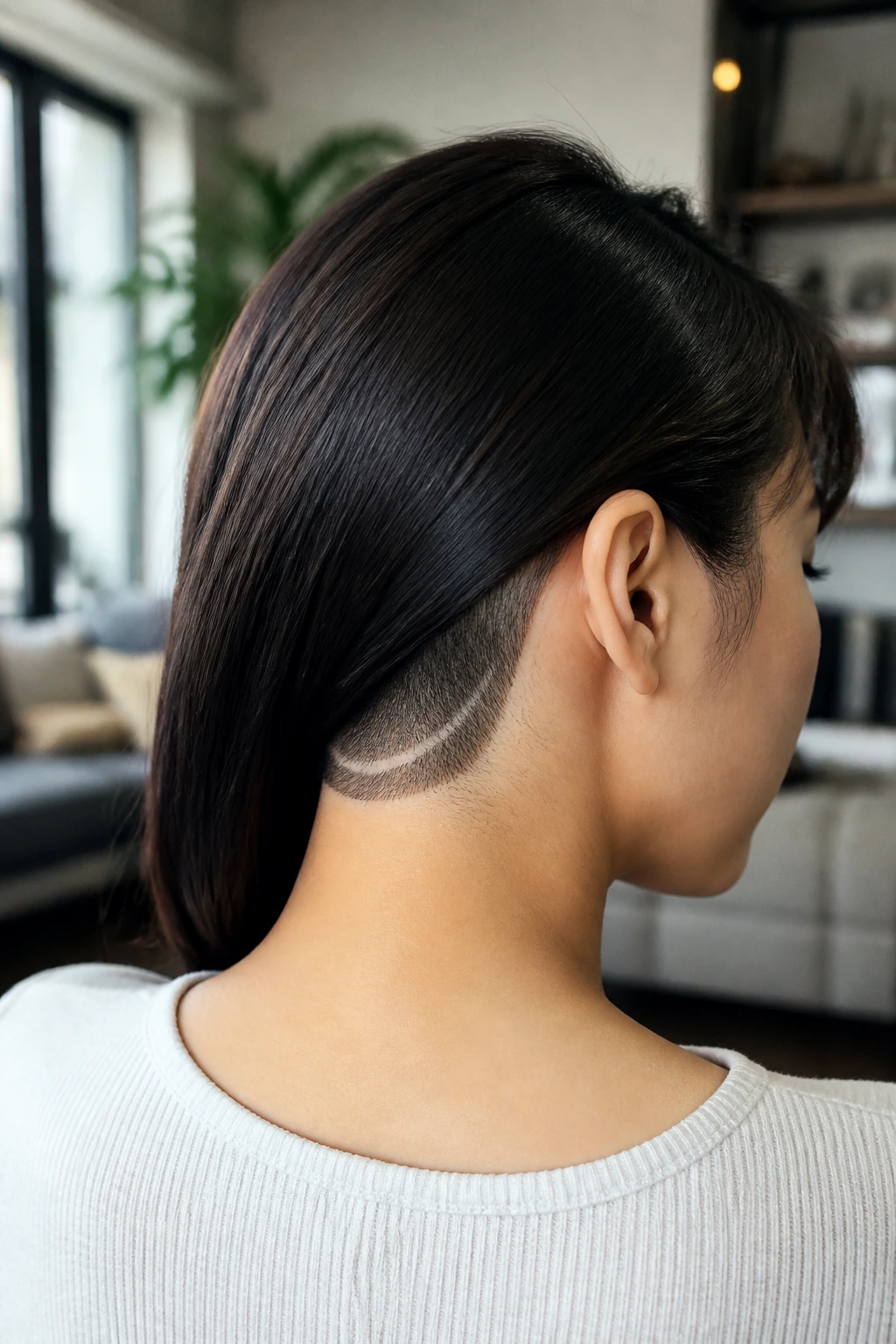 Back view of an Asian woman highlighting a hidden crescent undercut at the nape.