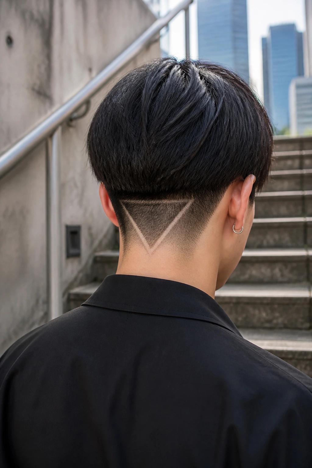 Back of head portrait showing nape-only geometric undercut on an Asian man