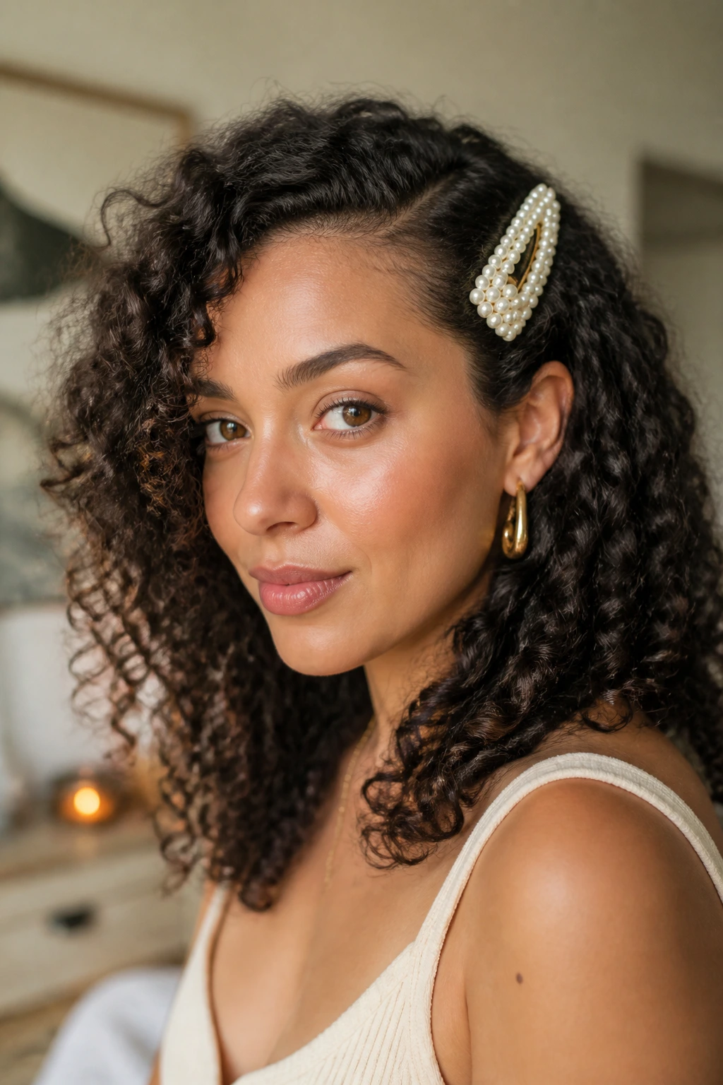Close-up of a real person with natural curls and a large hair clip