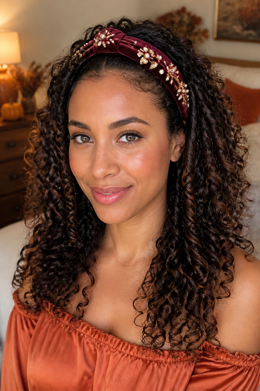 Close-up of a woman with natural curls and an embellished headband in warm window light