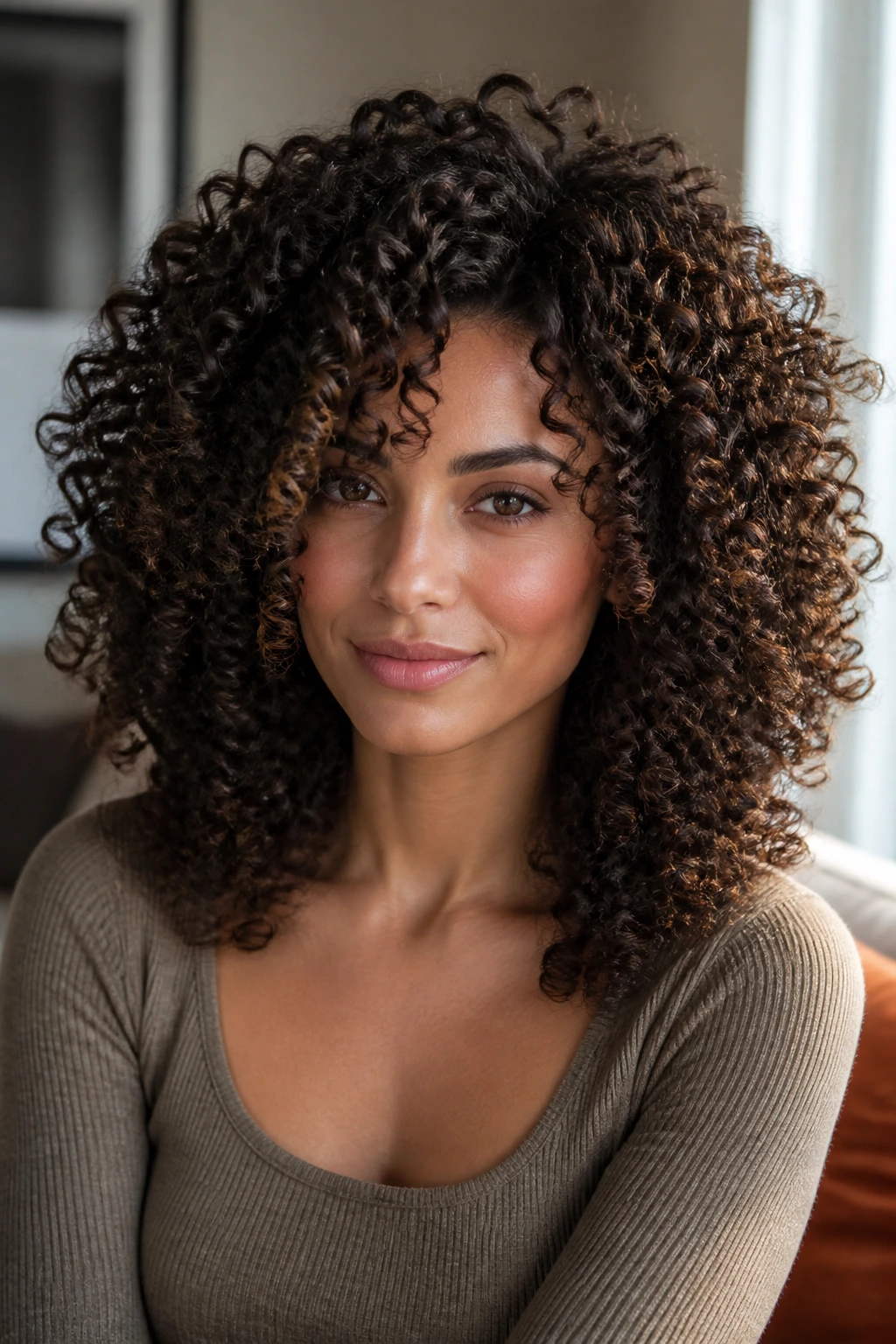 Close-up of a real woman with natural curls and rounded layers
