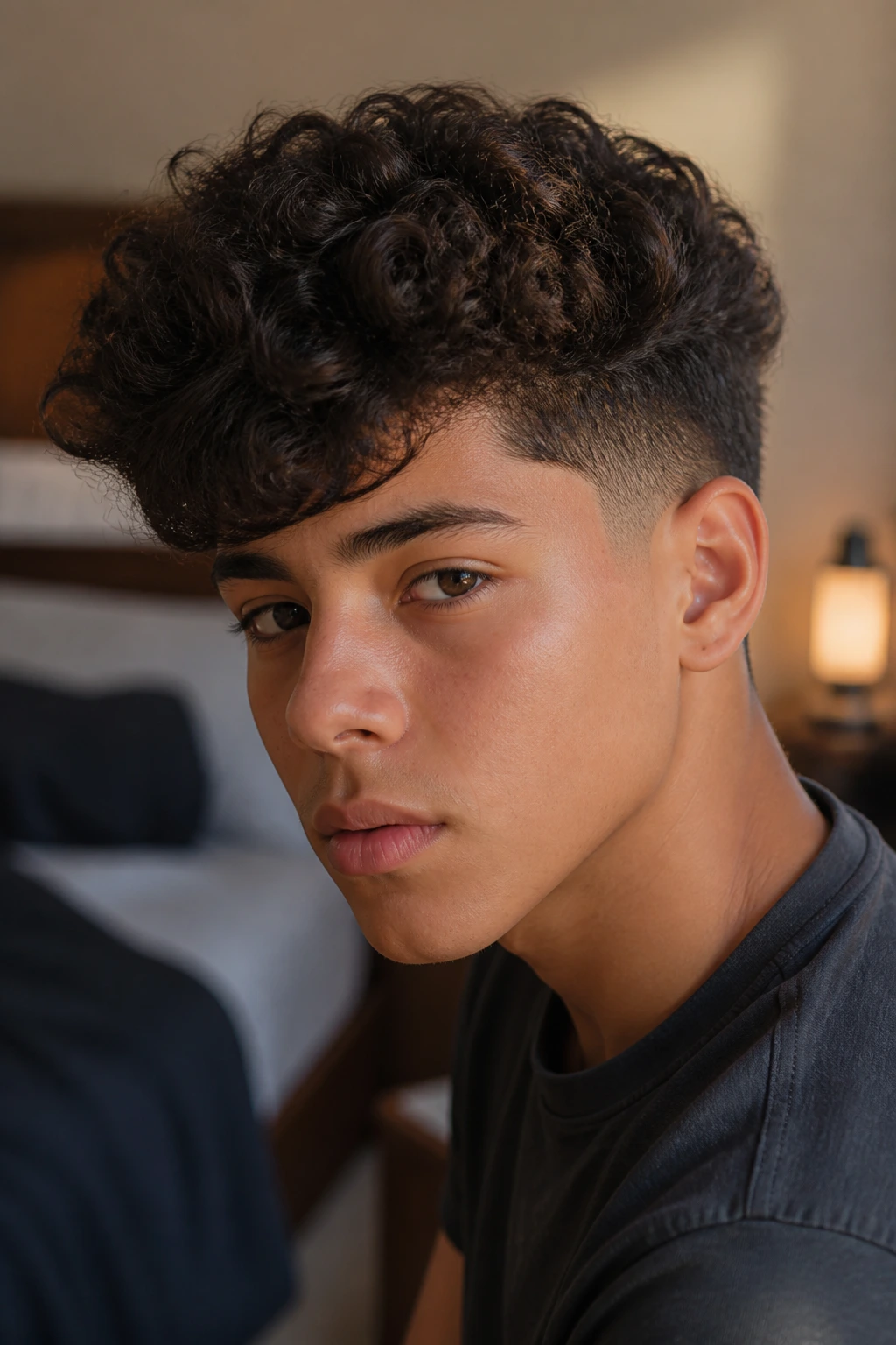 Close-up portrait of a teenage boy with natural curls and an undercut in warm window light