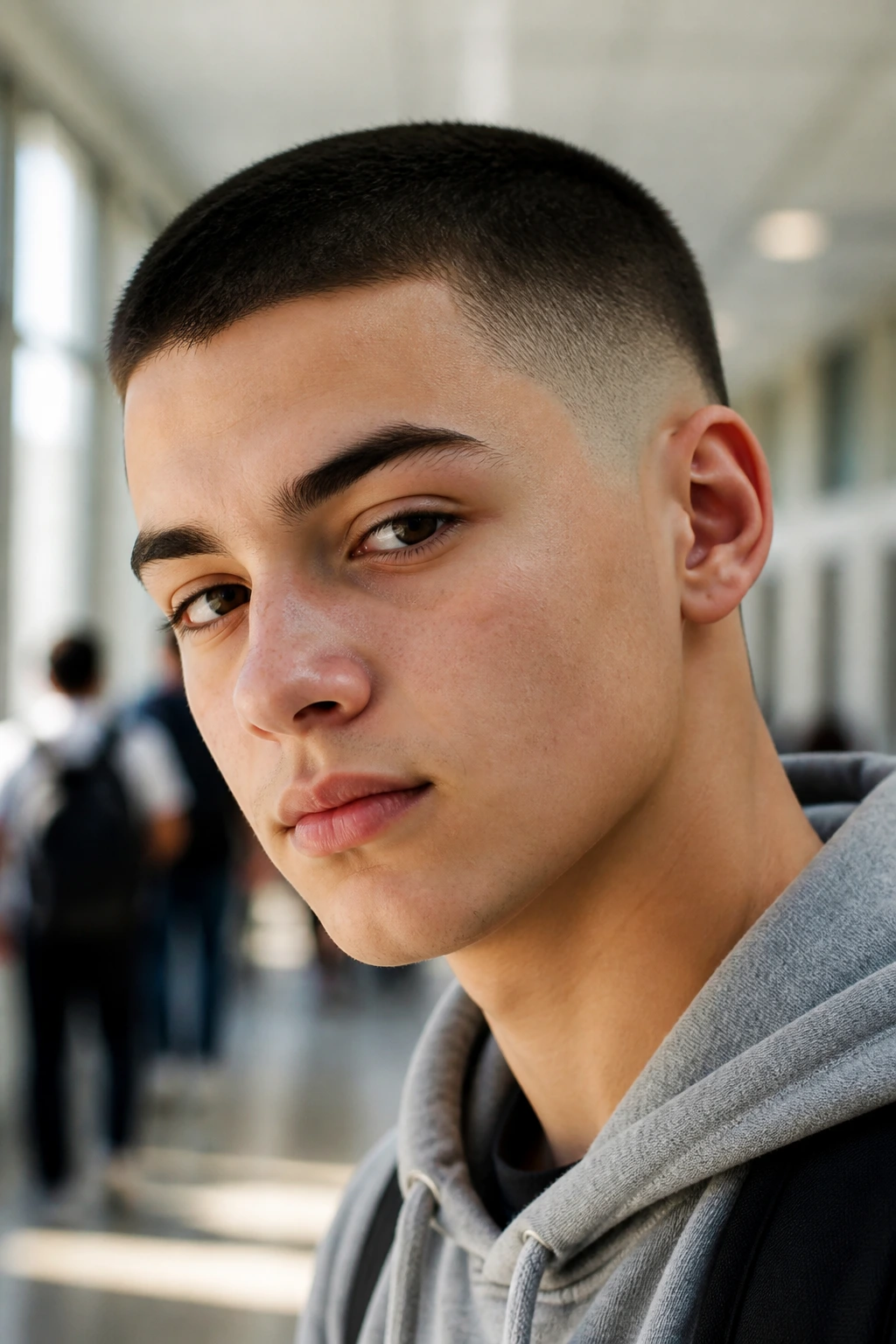 Close-up portrait of a student with a natural fade buzz cut in a school setting