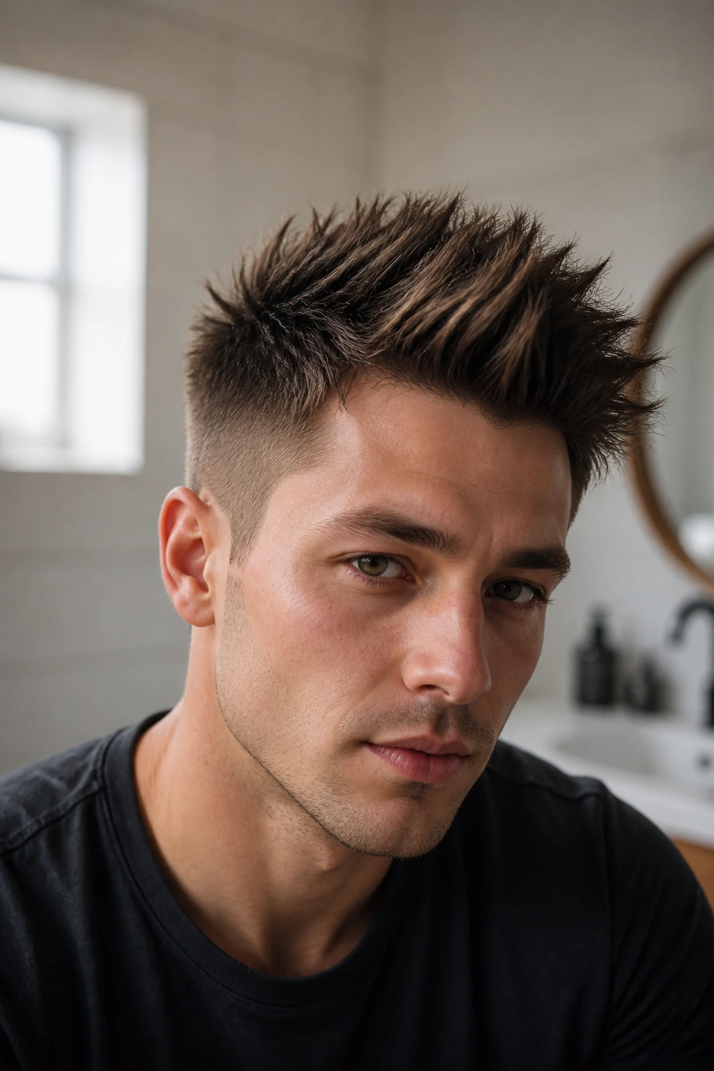 Portrait of a man with a natural-finish fohawk, matte hair