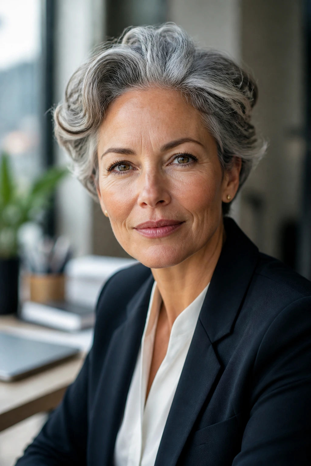 Close-up of a person with natural grow-out grey hair in an office setting