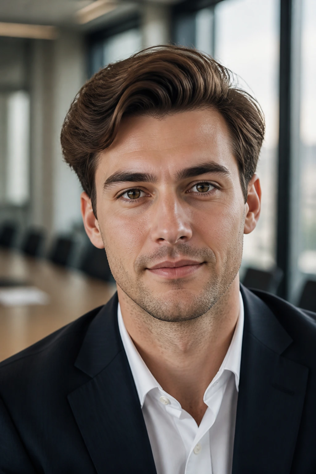 Close-up of a man with a natural side sweep in a conference room