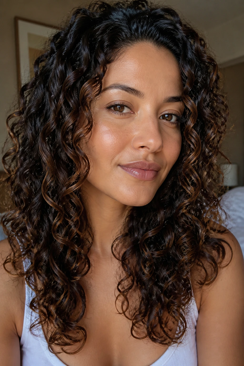 Close-up portrait of a real woman with defined curls and waves showing natural texture