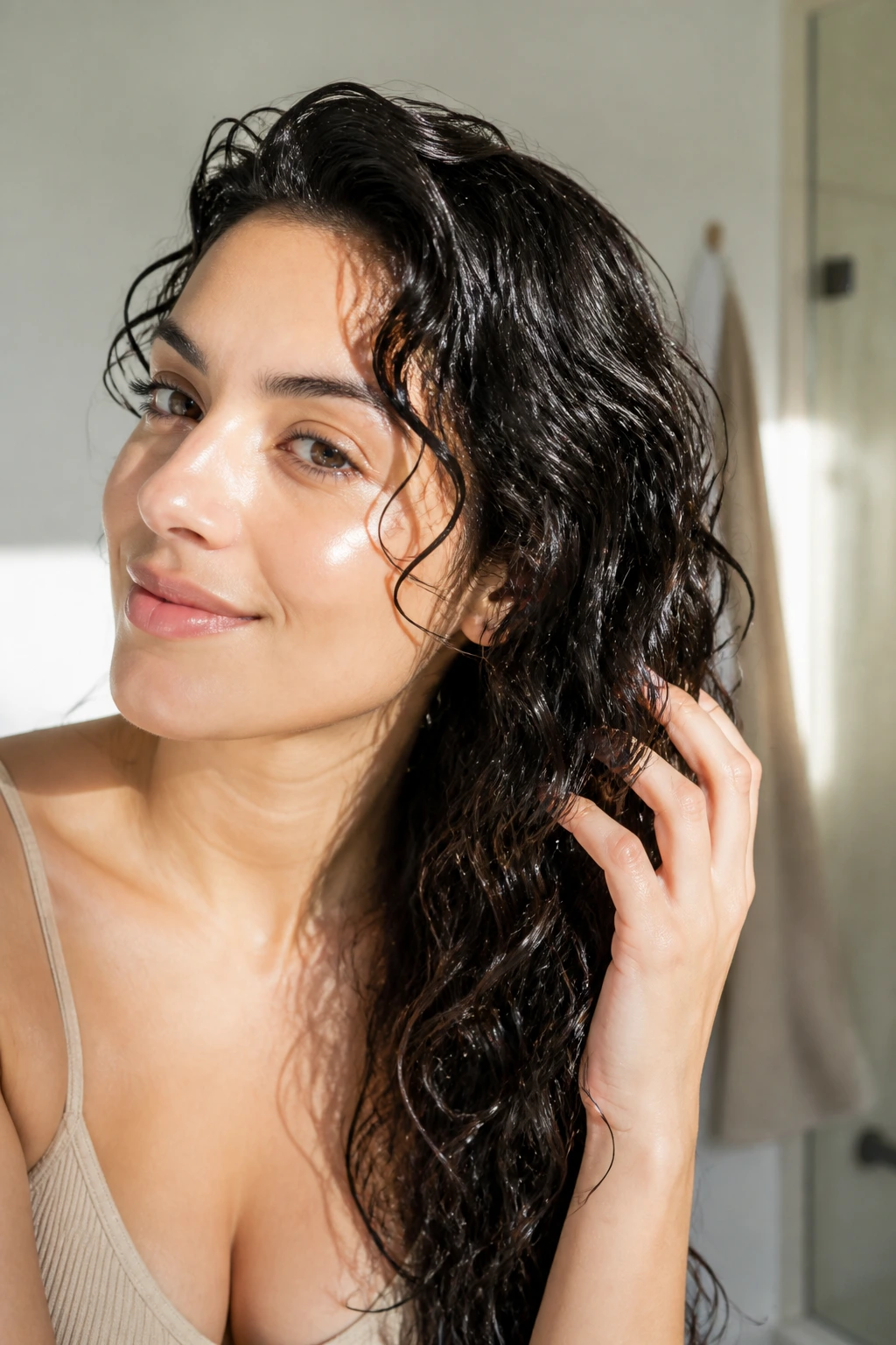 Close-up of natural textured hair with oil shine.