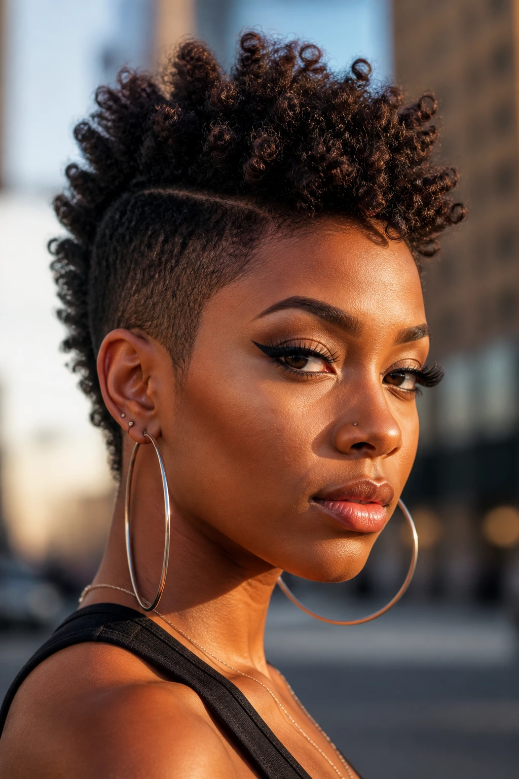 Close-up of a real person with a high mohawk created by natural coil texture in golden-hour light