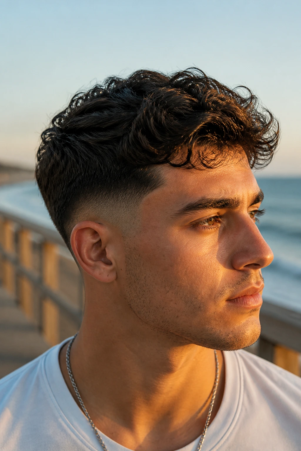 Man with natural waves high taper on seaside boardwalk during golden hour