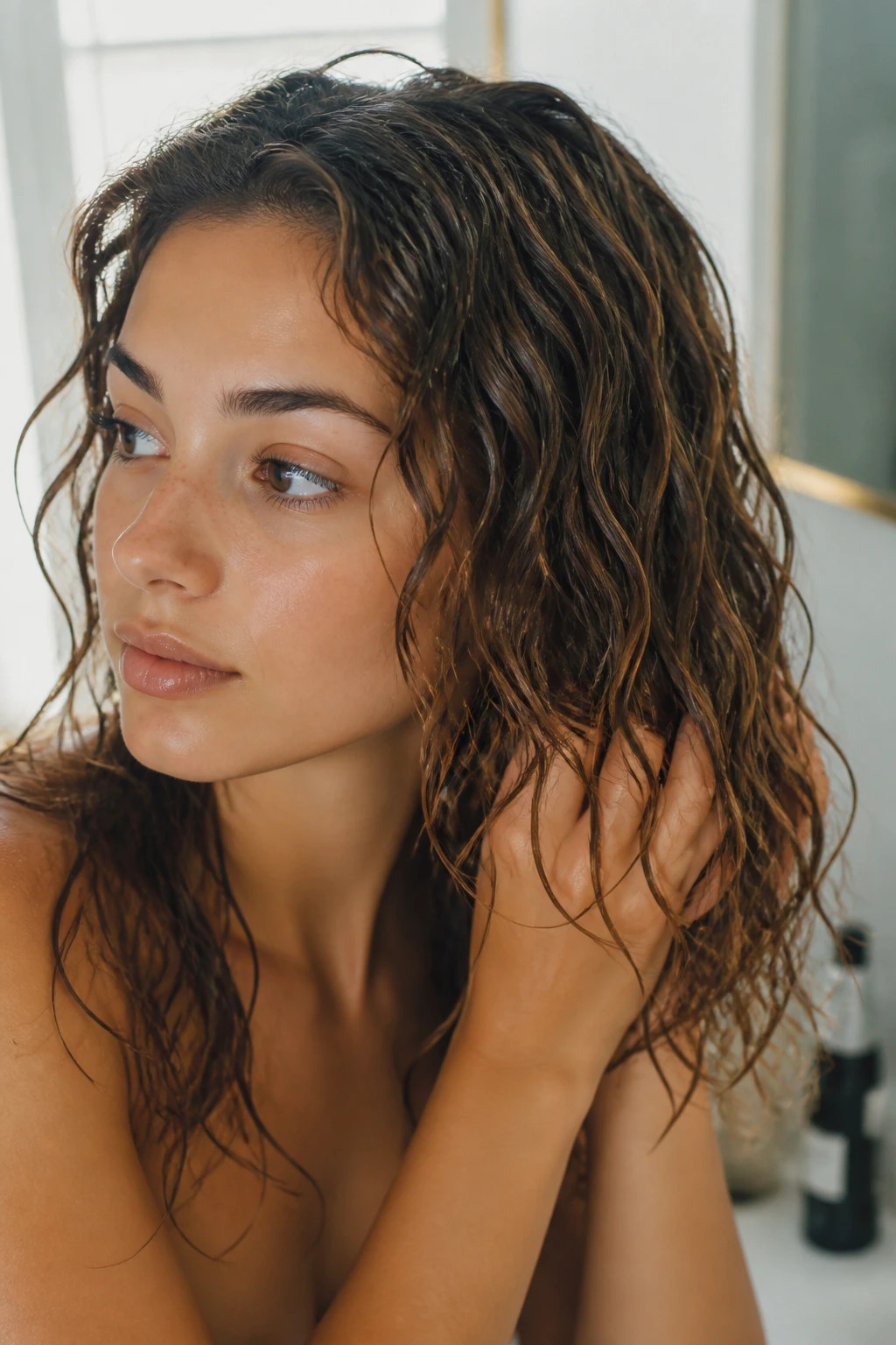 Close-up of real woman with defined natural waves after scrunching with coconut oil