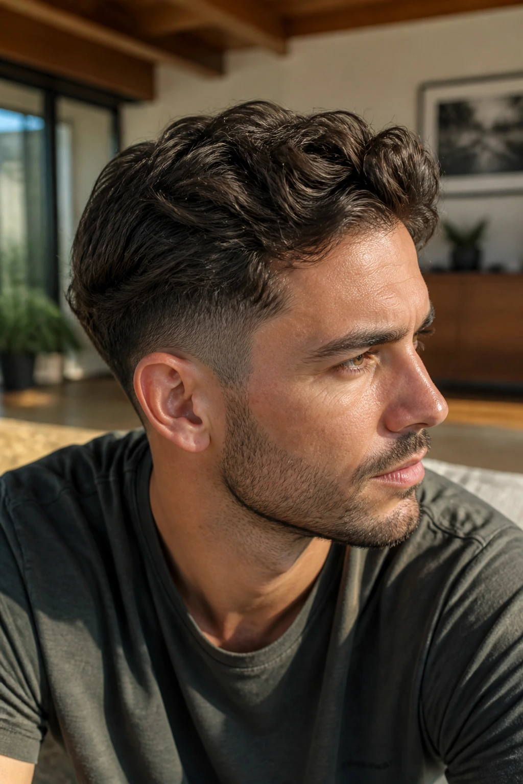 Man with natural wavy taper hairstyle in a sunlit living room.