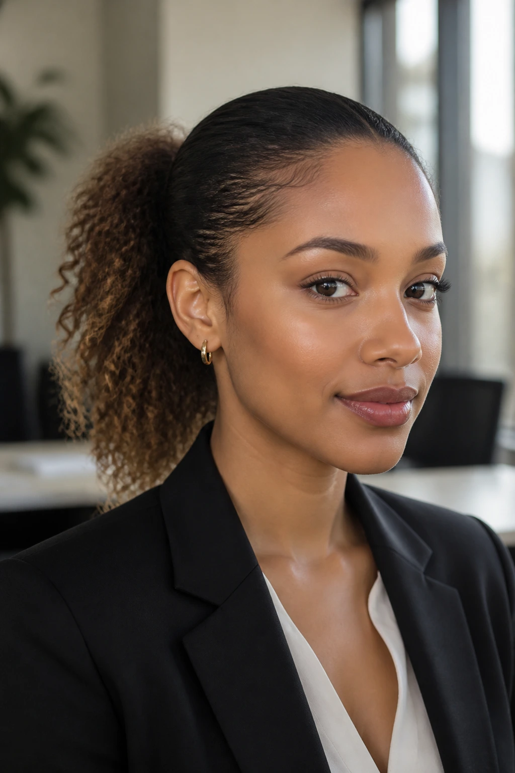 Close-up portrait of a real woman with a naturally textured low ponytail in an office setting