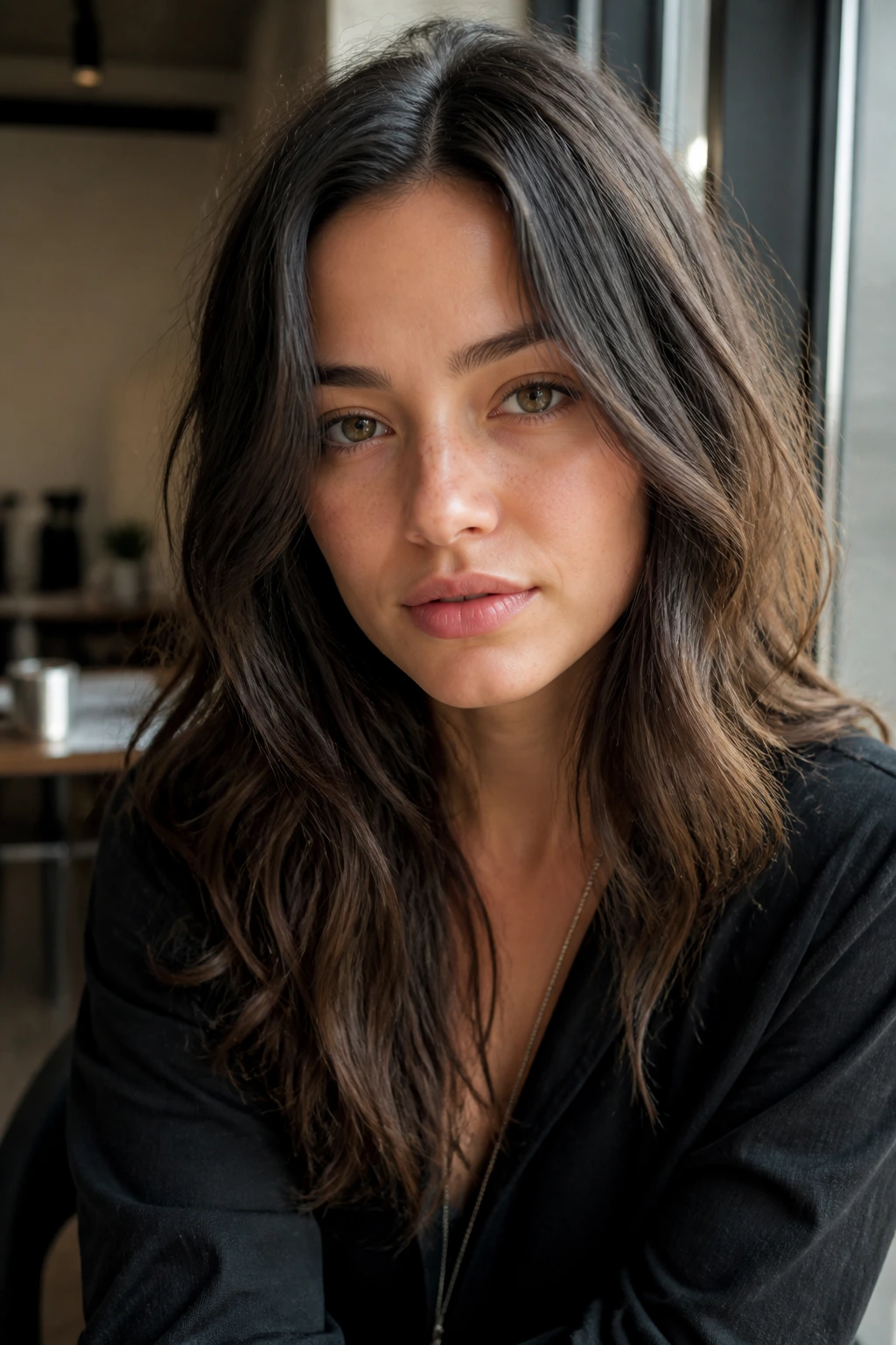 Close-up portrait of a real woman with natural waves and a middle part in an office setting.