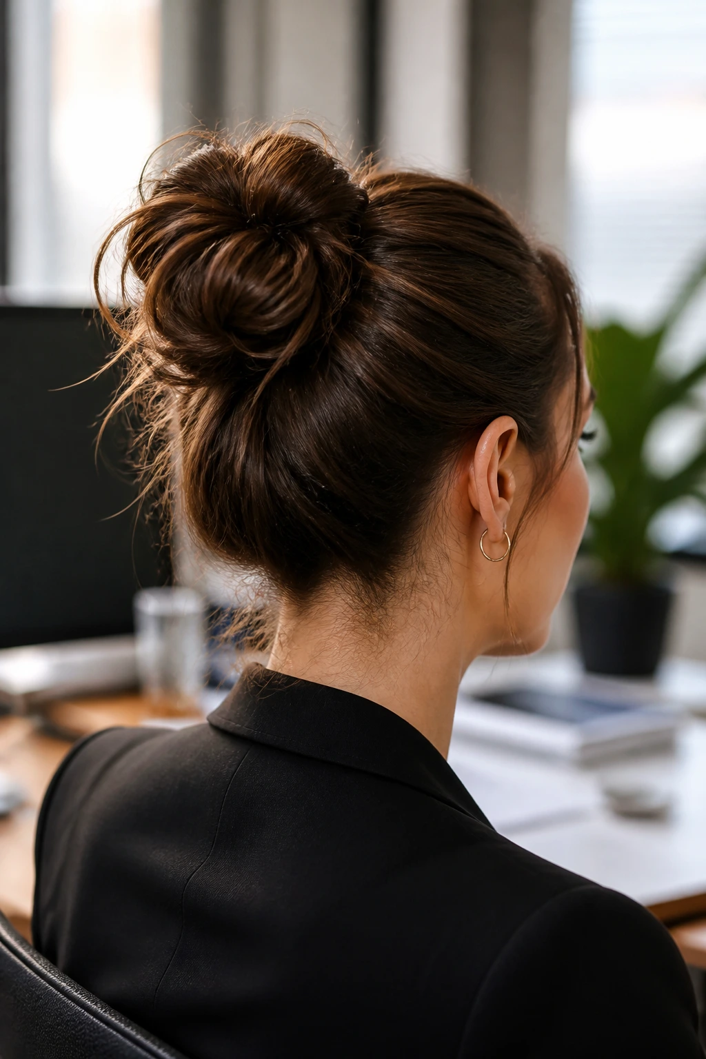 Close-up of a woman with a neat matte bun in an office