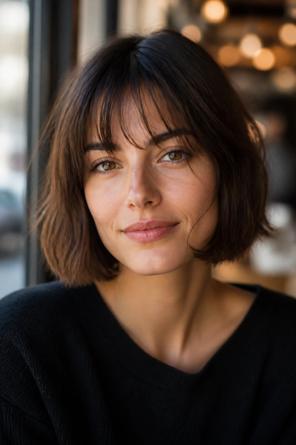 Close-up of a real woman with neck-length French bob and wispy bangs in cafe window light