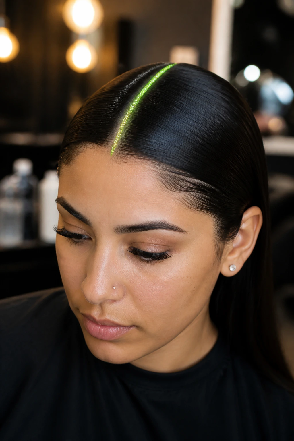 Latina woman with neon glitter line along middle part