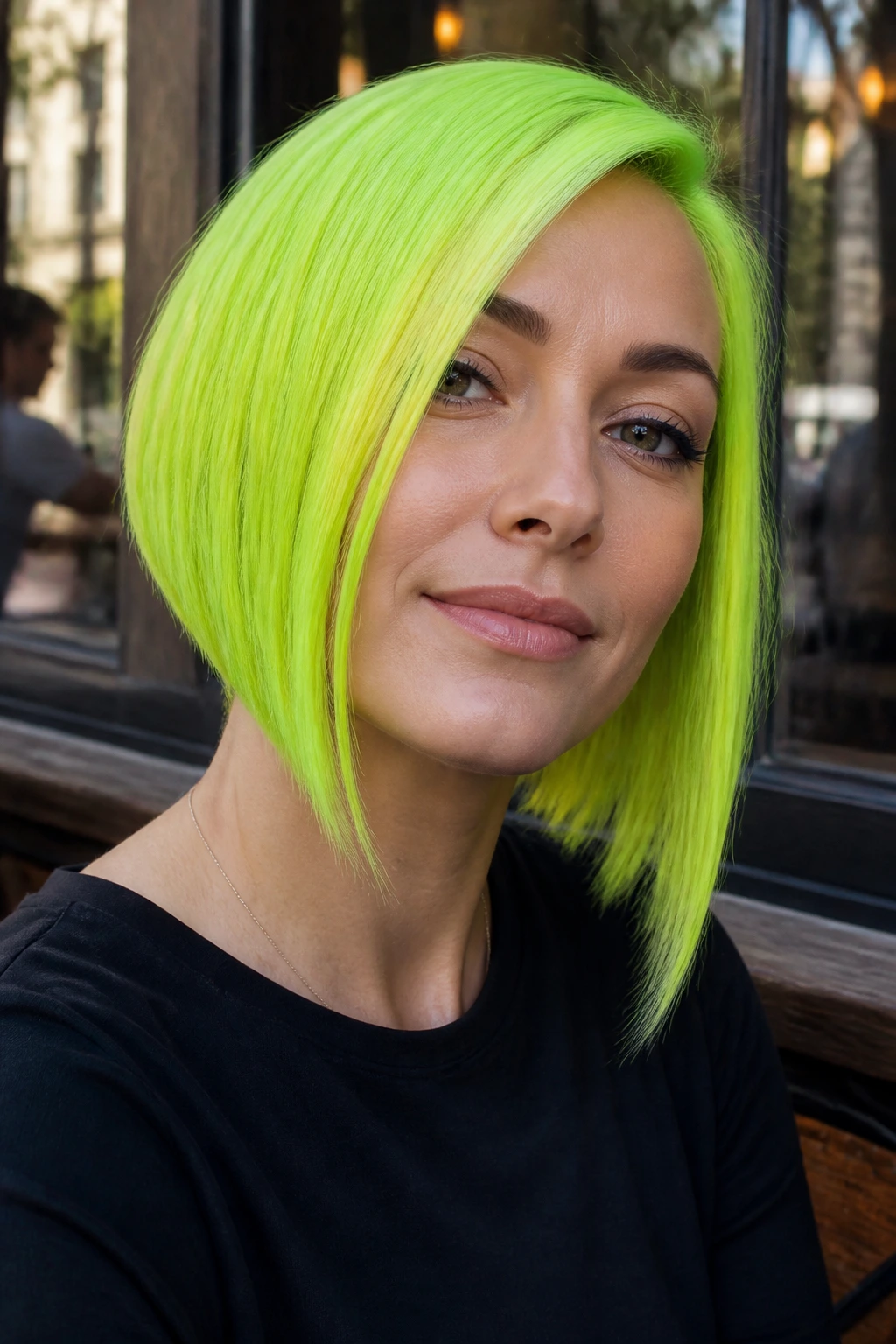 Close-up of real person with neon green asymmetrical bob