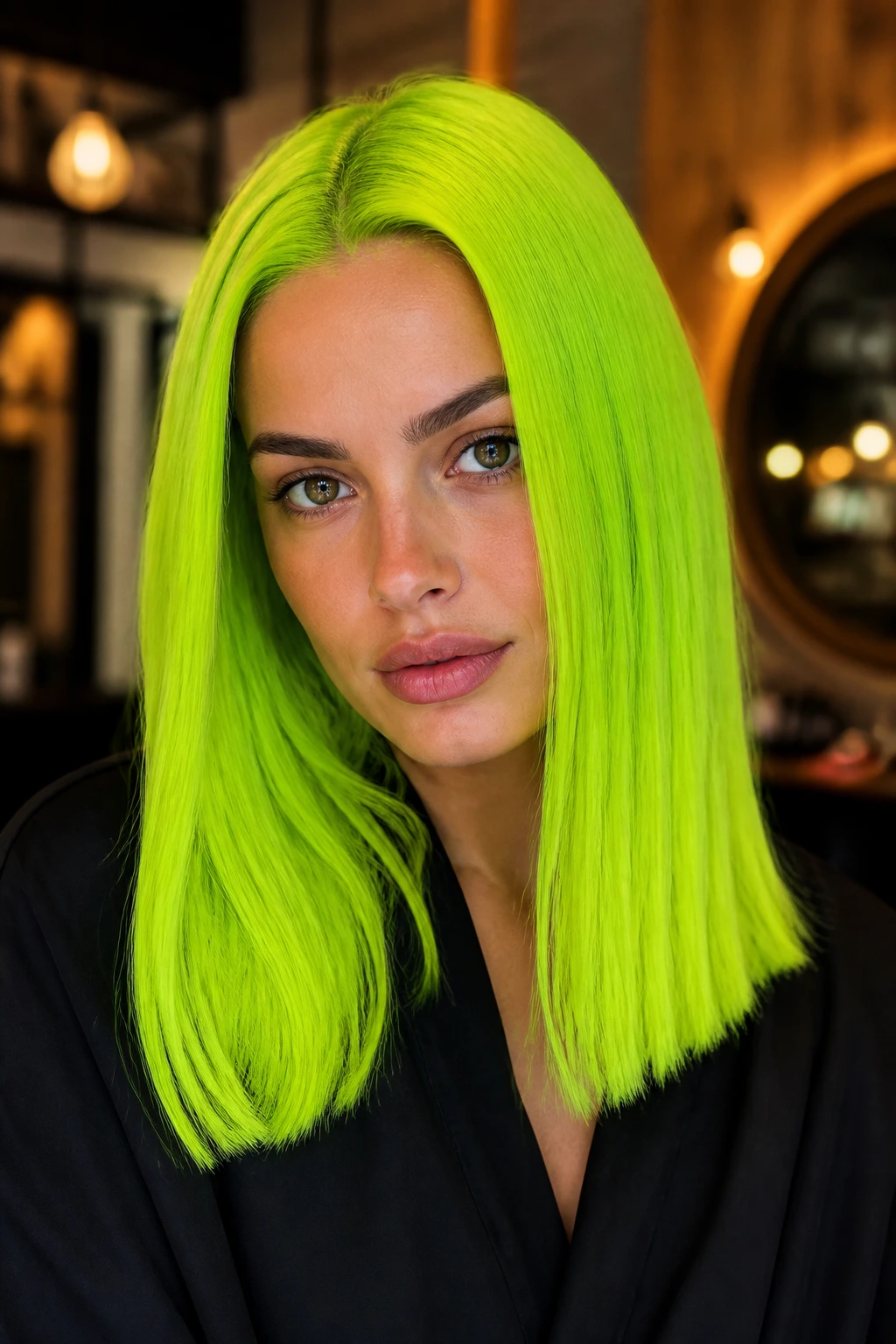 Close-up of a real person with neon green global color after bleach