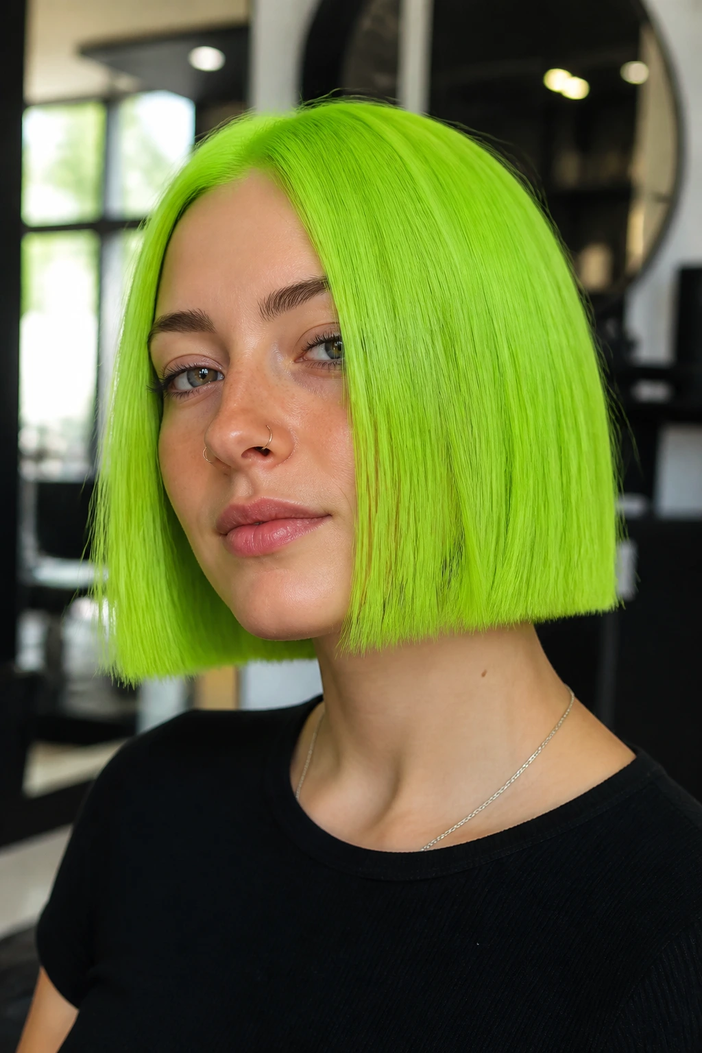 Close-up of a real woman with a jaw-length neon green bob in a salon setting